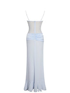 Lacy Blue Ruched Breast High Slit Chiffon Dress - HOUSE OF SHE