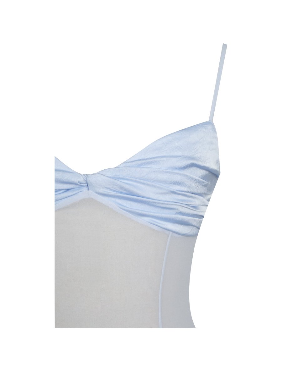 Lacy Blue Ruched Breast High Slit Chiffon Dress - HOUSE OF SHE