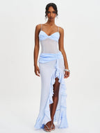 Lacy Blue Ruched Breast High Slit Chiffon Dress - HOUSE OF SHE