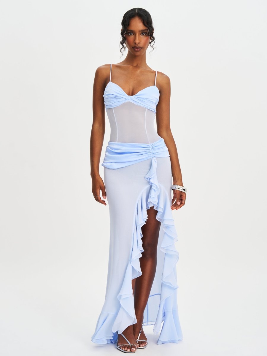 Lacy Blue Ruched Breast High Slit Chiffon Dress - HOUSE OF SHE