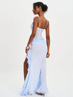 Lacy Blue Ruched Breast High Slit Chiffon Dress - HOUSE OF SHE