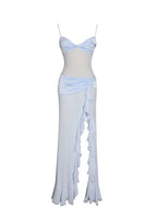 Lacy Blue Ruched Breast High Slit Chiffon Dress - HOUSE OF SHE