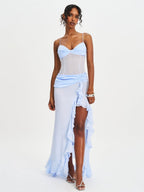 Lacy Blue Ruched Breast High Slit Chiffon Dress - HOUSE OF SHE