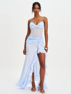 Lacy Blue Ruched Breast High Slit Chiffon Dress - HOUSE OF SHE