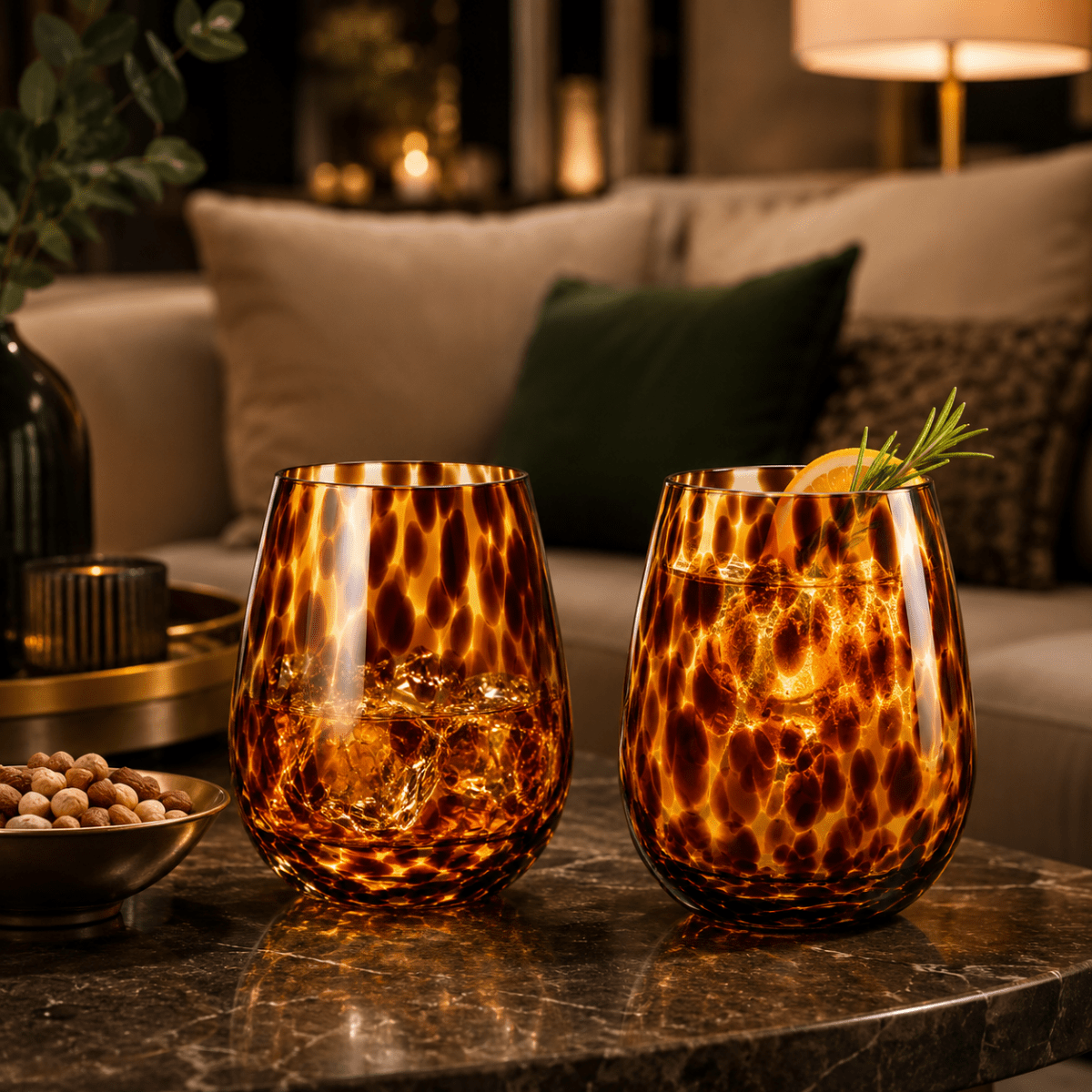 Leopard Print Amber Colored Stemless Wine Glass |  Set of 2 - HOUSE OF SHE