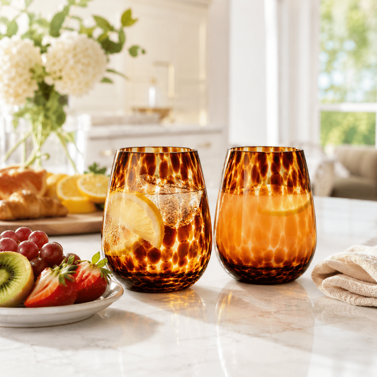 Leopard Print Amber Colored Stemless Wine Glass |  Set of 2 - HOUSE OF SHE