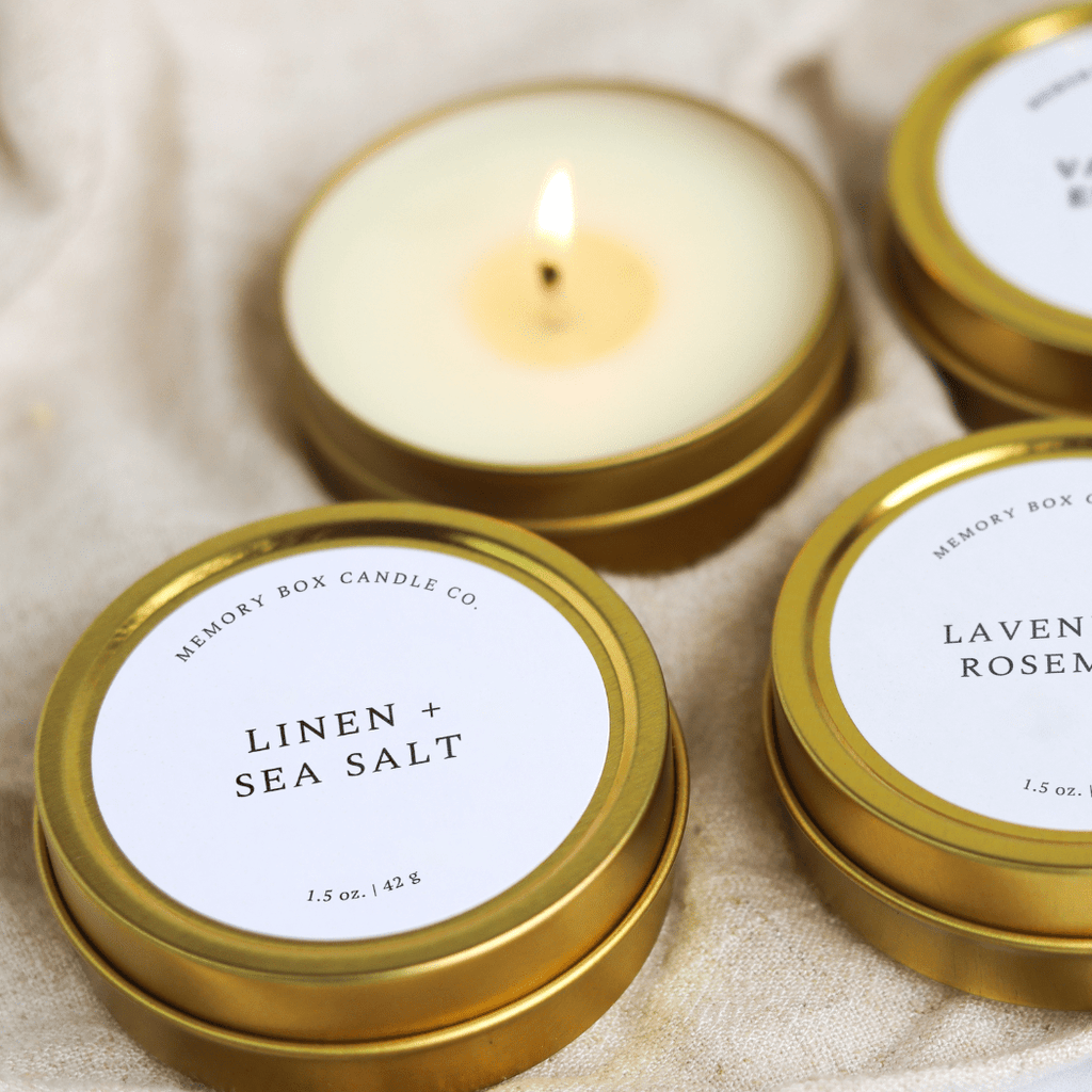 Linen + Sea Salt - 1.5 oz. Gold Tin Soy Candle - HOUSE OF SHE