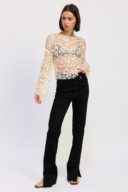 LONG SLEEVE SEQUIN MESH TOP - HOUSE OF SHE