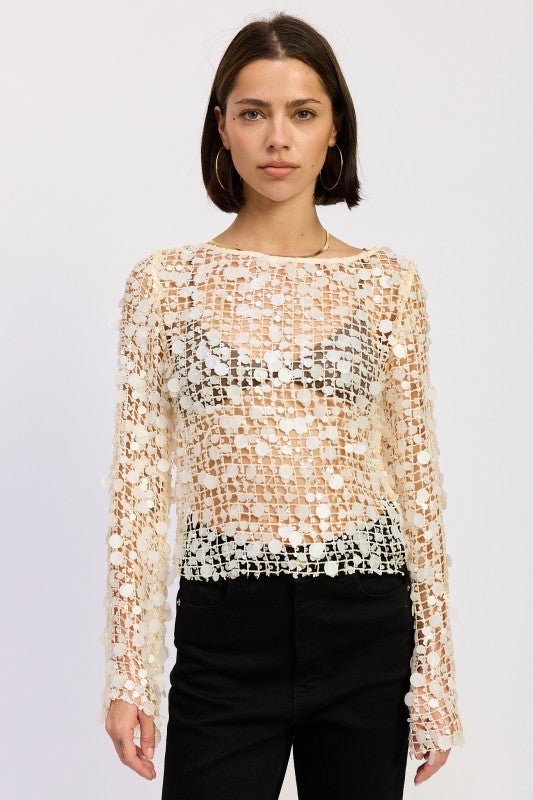 LONG SLEEVE SEQUIN MESH TOP - HOUSE OF SHE