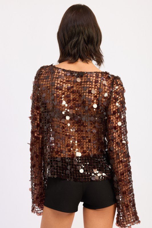 LONG SLEEVE SEQUIN MESH TOP - HOUSE OF SHE
