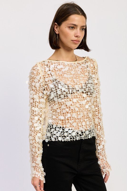 LONG SLEEVE SEQUIN MESH TOP - HOUSE OF SHE