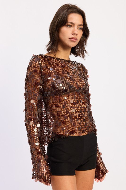LONG SLEEVE SEQUIN MESH TOP - HOUSE OF SHE