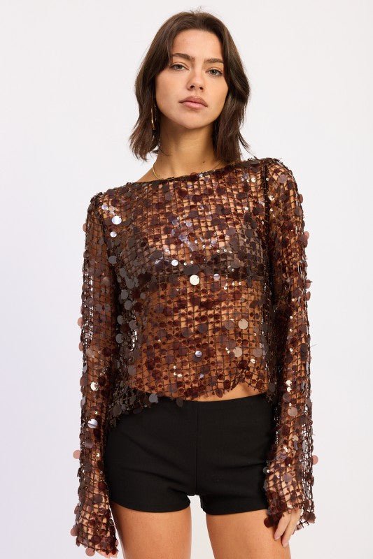 LONG SLEEVE SEQUIN MESH TOP - HOUSE OF SHE