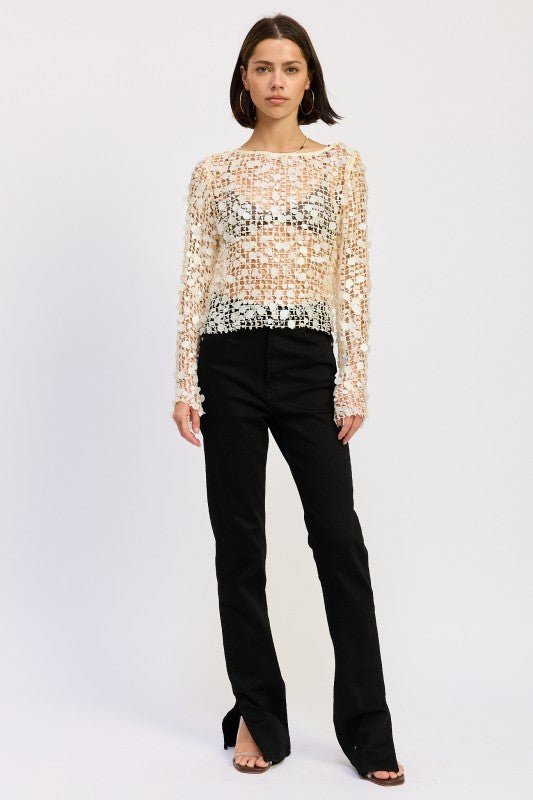 LONG SLEEVE SEQUIN MESH TOP - HOUSE OF SHE