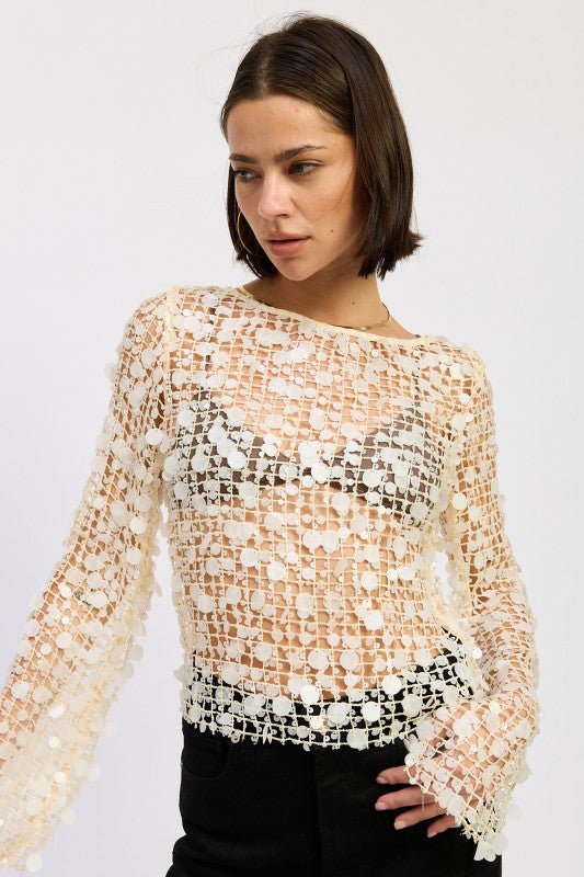 LONG SLEEVE SEQUIN MESH TOP - HOUSE OF SHE