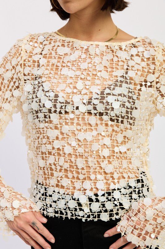 LONG SLEEVE SEQUIN MESH TOP - HOUSE OF SHE