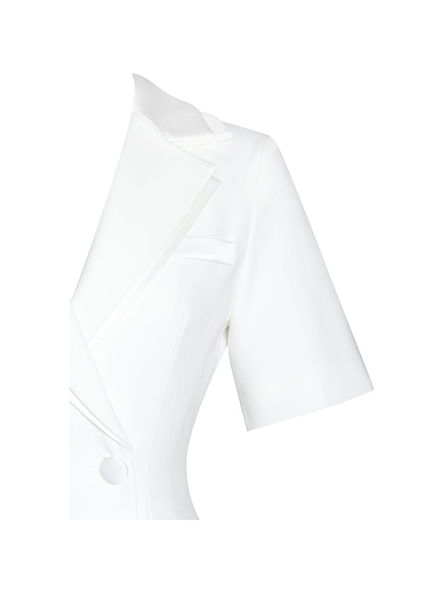 Madelina White Double Breast Satin Trim Blazer Dress - HOUSE OF SHE