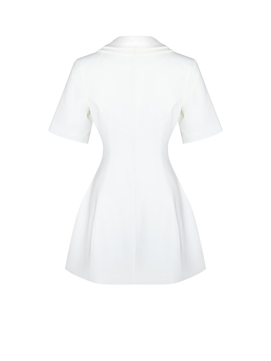 Madelina White Double Breast Satin Trim Blazer Dress - HOUSE OF SHE