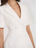 Madelina White Double Breast Satin Trim Blazer Dress - HOUSE OF SHE