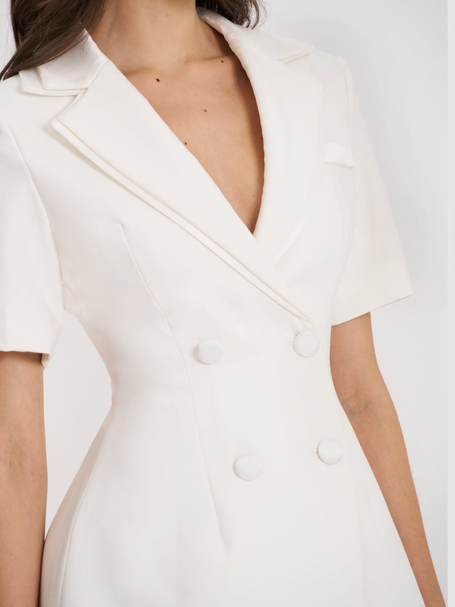 Madelina White Double Breast Satin Trim Blazer Dress - HOUSE OF SHE