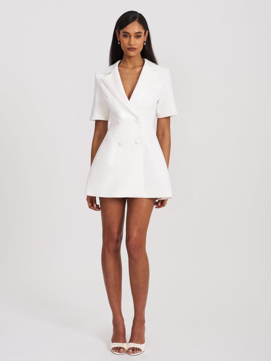 Madelina White Double Breast Satin Trim Blazer Dress - HOUSE OF SHE
