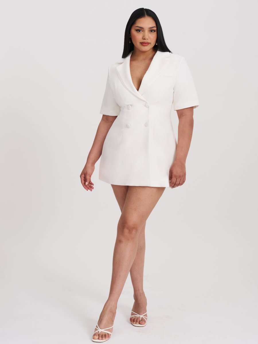 Madelina White Double Breast Satin Trim Blazer Dress - HOUSE OF SHE