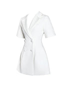 Madelina White Double Breast Satin Trim Blazer Dress - HOUSE OF SHE