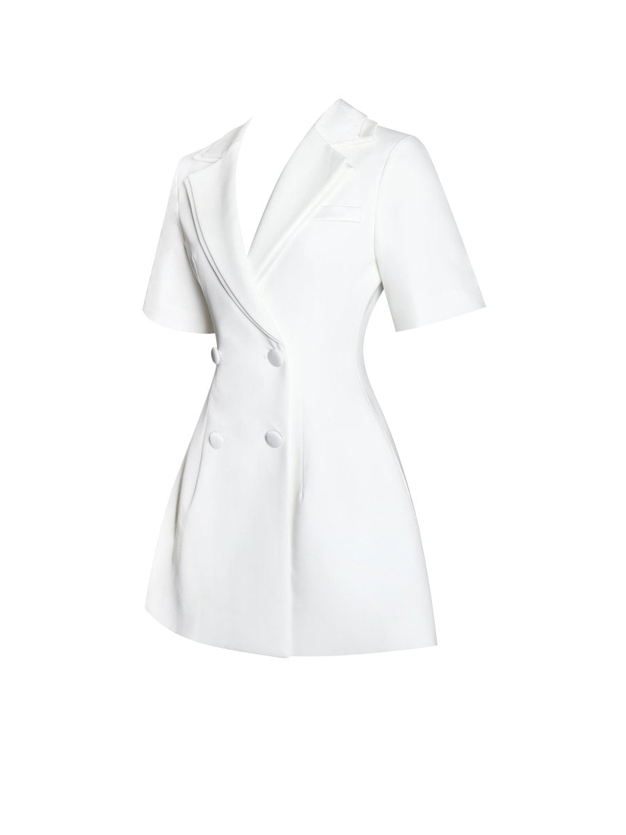 Madelina White Double Breast Satin Trim Blazer Dress - HOUSE OF SHE