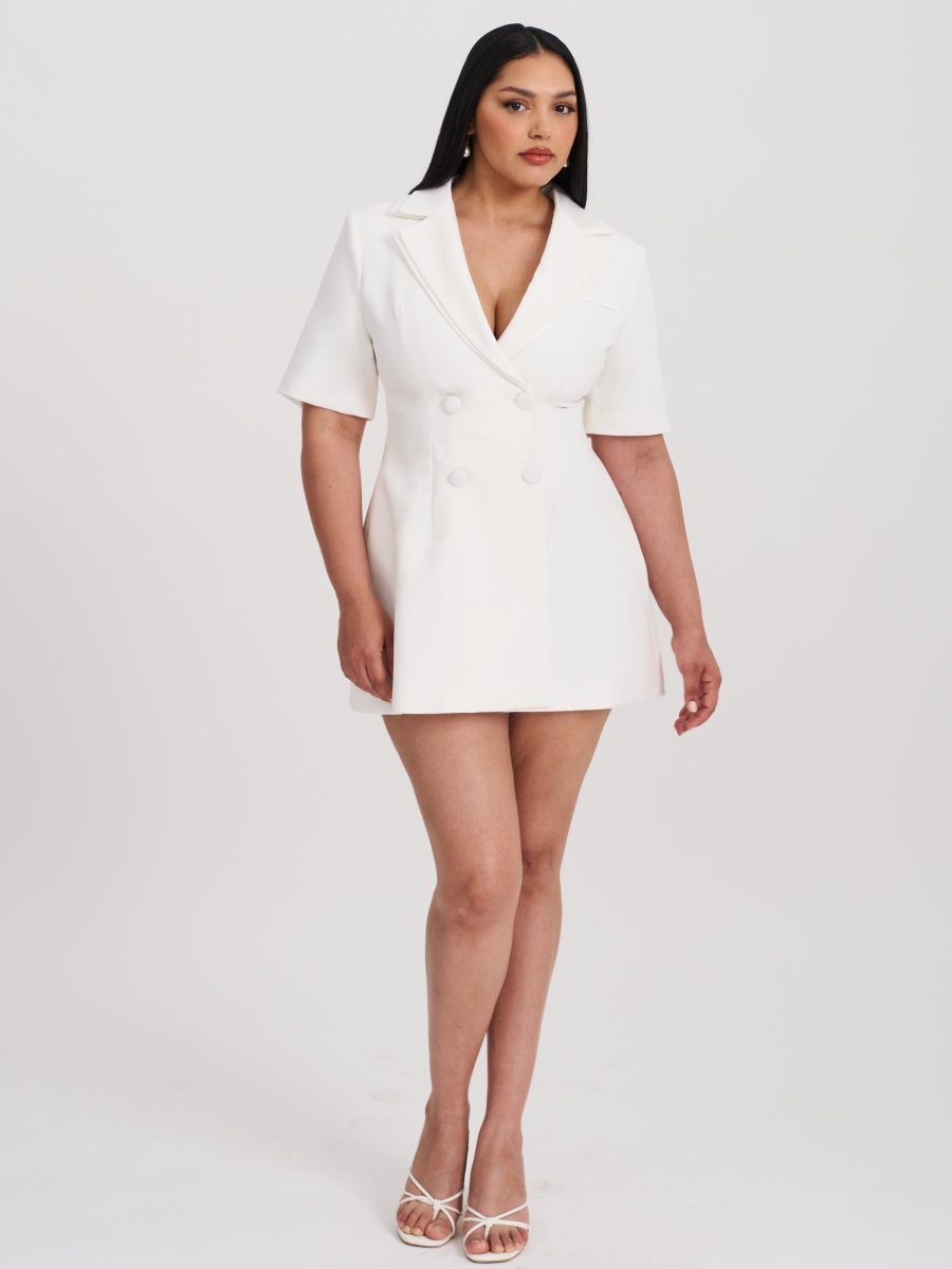 Madelina White Double Breast Satin Trim Blazer Dress - HOUSE OF SHE