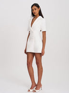 Madelina White Double Breast Satin Trim Blazer Dress - HOUSE OF SHE