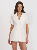 Madelina White Double Breast Satin Trim Blazer Dress - HOUSE OF SHE