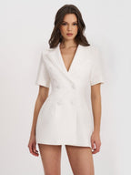 Madelina White Double Breast Satin Trim Blazer Dress - HOUSE OF SHE