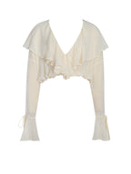 Magali Beige Dotted Mesh Ruffle V Collar Top - HOUSE OF SHE