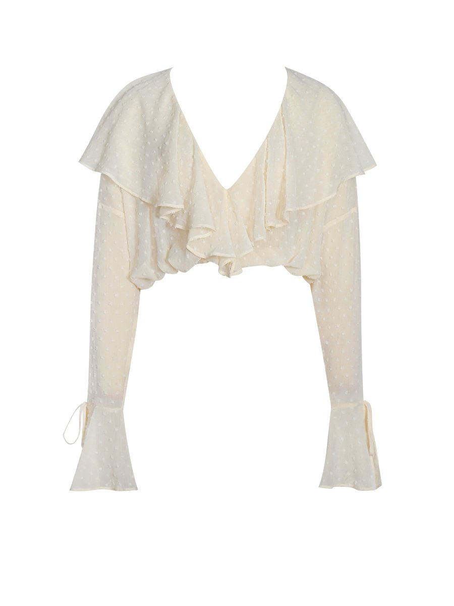 Magali Beige Dotted Mesh Ruffle V Collar Top - HOUSE OF SHE