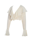 Magali Beige Dotted Mesh Ruffle V Collar Top - HOUSE OF SHE