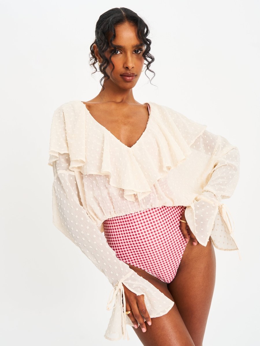 Magali Beige Dotted Mesh Ruffle V Collar Top - HOUSE OF SHE