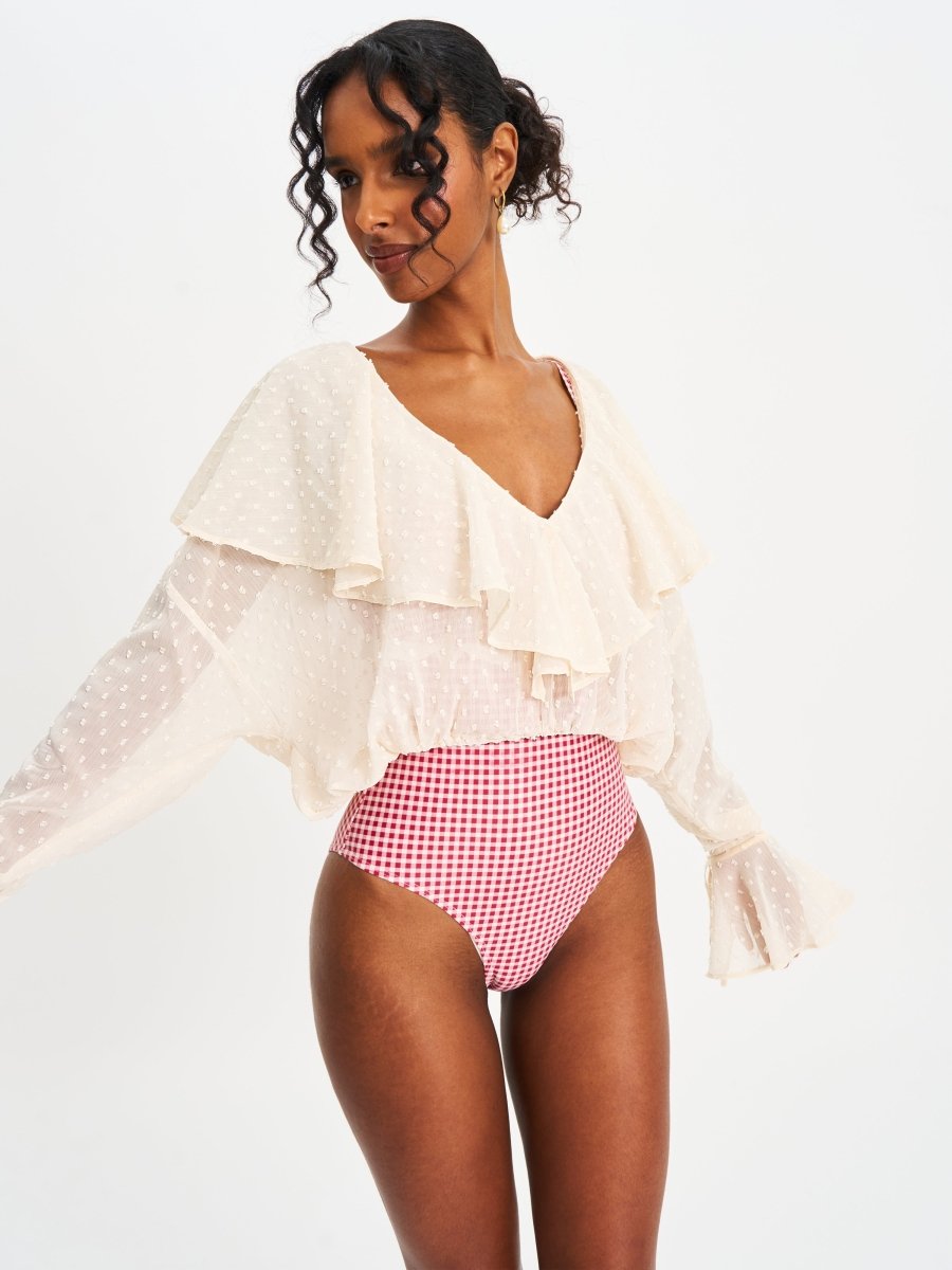 Magali Beige Dotted Mesh Ruffle V Collar Top - HOUSE OF SHE