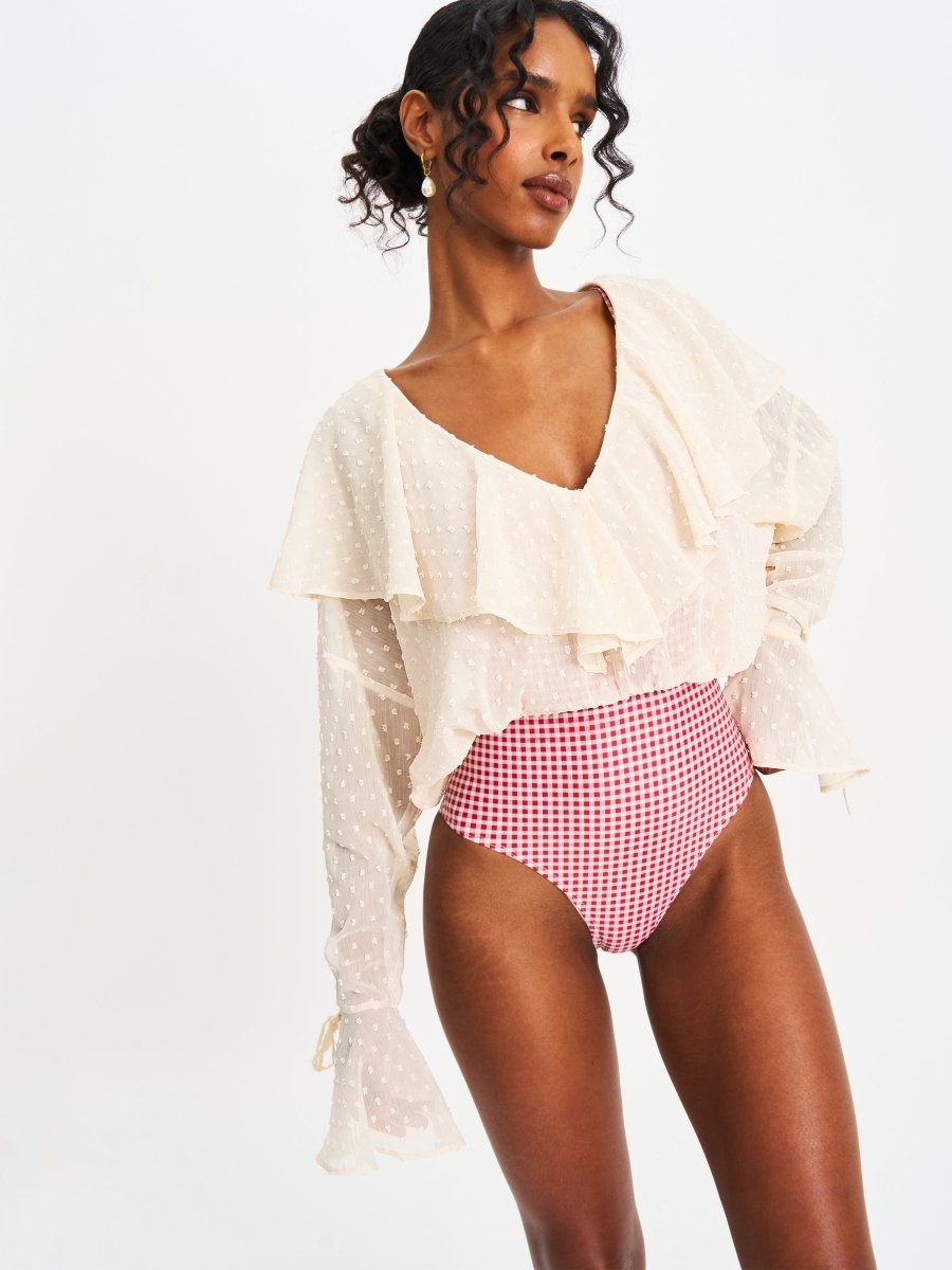 Magali Beige Dotted Mesh Ruffle V Collar Top - HOUSE OF SHE