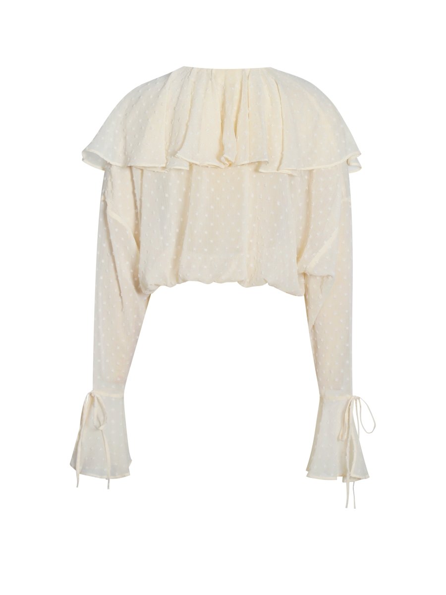 Magali Beige Dotted Mesh Ruffle V Collar Top - HOUSE OF SHE