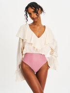 Magali Beige Dotted Mesh Ruffle V Collar Top - HOUSE OF SHE