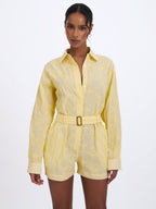 Malou Lemon Yellow Embroidered Poplin Belted Shirt Romper - HOUSE OF SHE