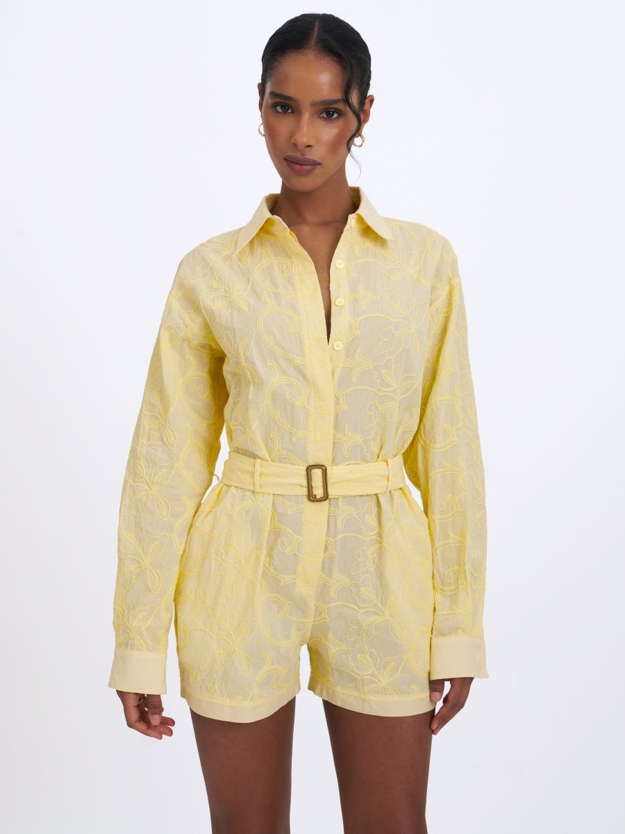 Malou Lemon Yellow Embroidered Poplin Belted Shirt Romper - HOUSE OF SHE