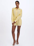 Malou Lemon Yellow Embroidered Poplin Belted Shirt Romper - HOUSE OF SHE