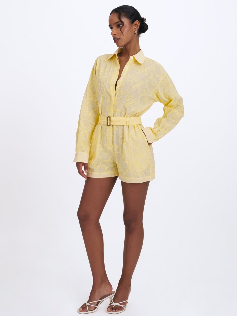 Malou Lemon Yellow Embroidered Poplin Belted Shirt Romper - HOUSE OF SHE
