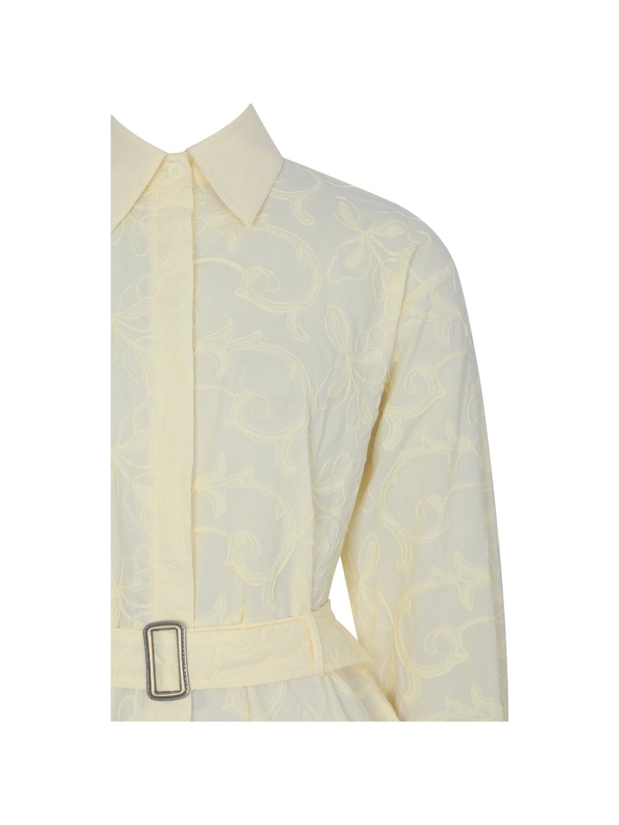 Malou Lemon Yellow Embroidered Poplin Belted Shirt Romper - HOUSE OF SHE
