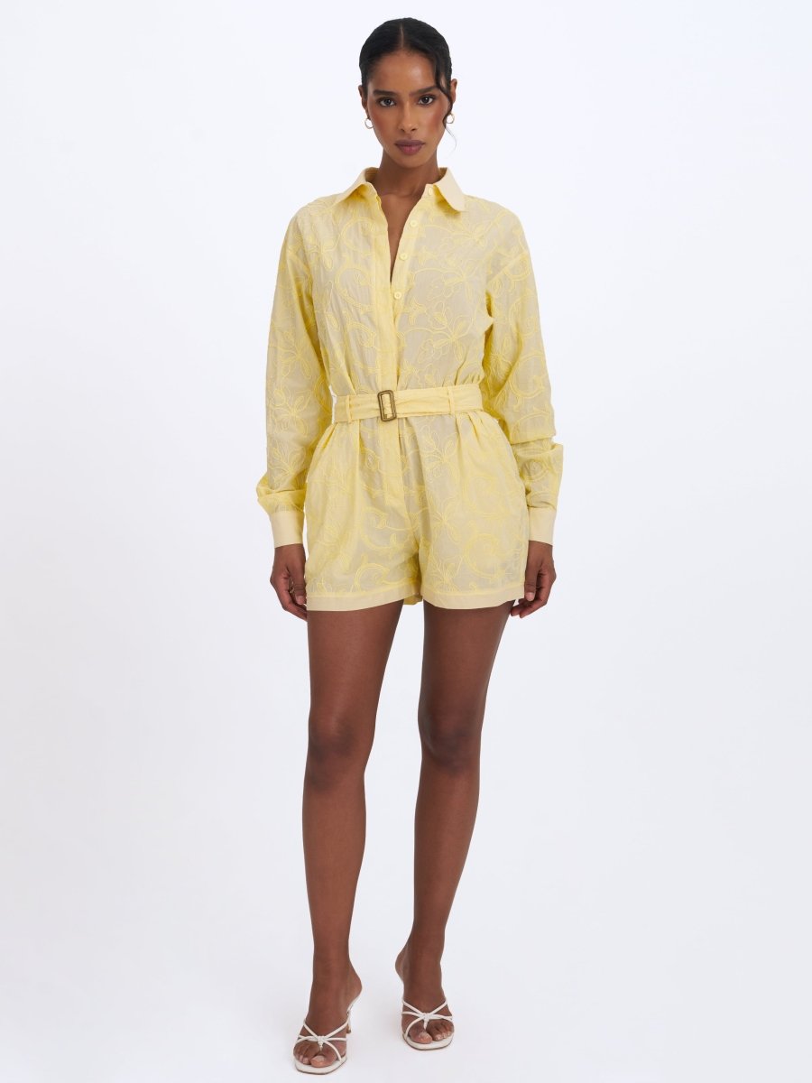 Malou Lemon Yellow Embroidered Poplin Belted Shirt Romper - HOUSE OF SHE