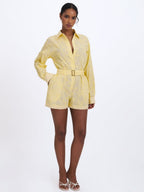 Malou Lemon Yellow Embroidered Poplin Belted Shirt Romper - HOUSE OF SHE