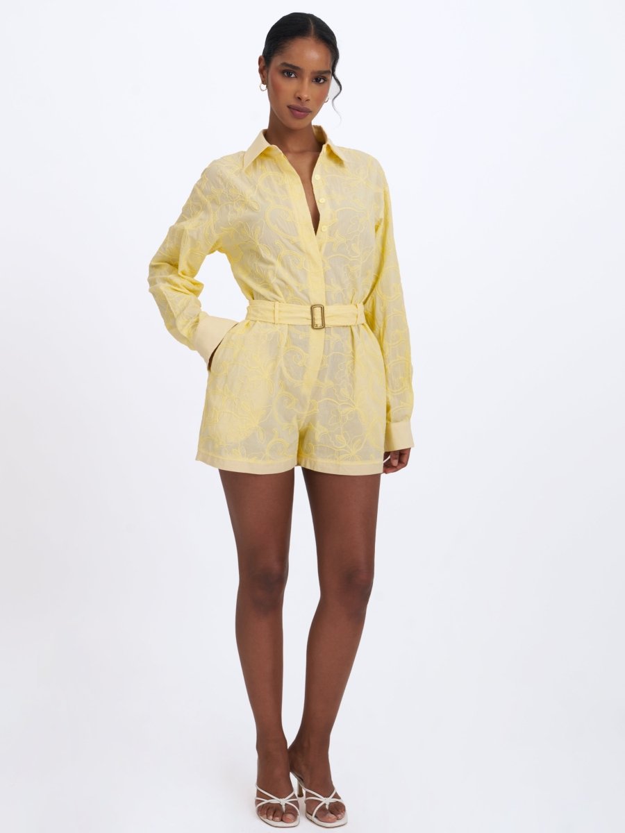 Malou Lemon Yellow Embroidered Poplin Belted Shirt Romper - HOUSE OF SHE