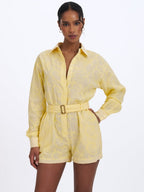 Malou Lemon Yellow Embroidered Poplin Belted Shirt Romper - HOUSE OF SHE