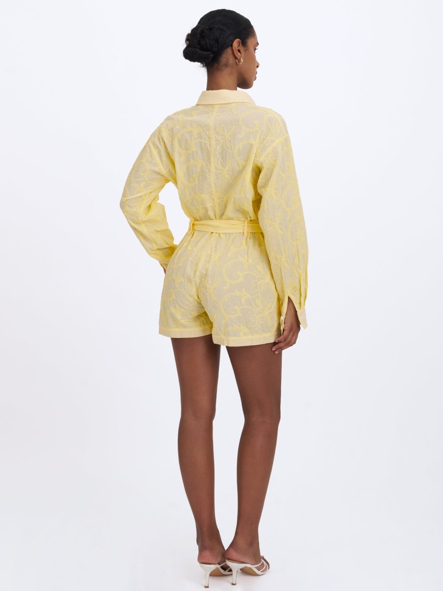 Malou Lemon Yellow Embroidered Poplin Belted Shirt Romper - HOUSE OF SHE